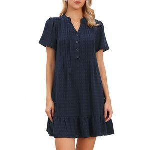 Women's Summer Mini Dress V Neck Pleated Front Short Sleeve Dress Navy Blue